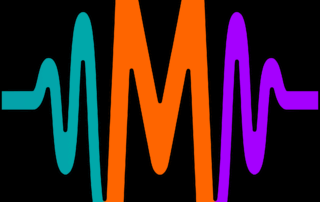 MonsterPlex Logo - a continuous sound wave with an orange M between cyan and purple waves