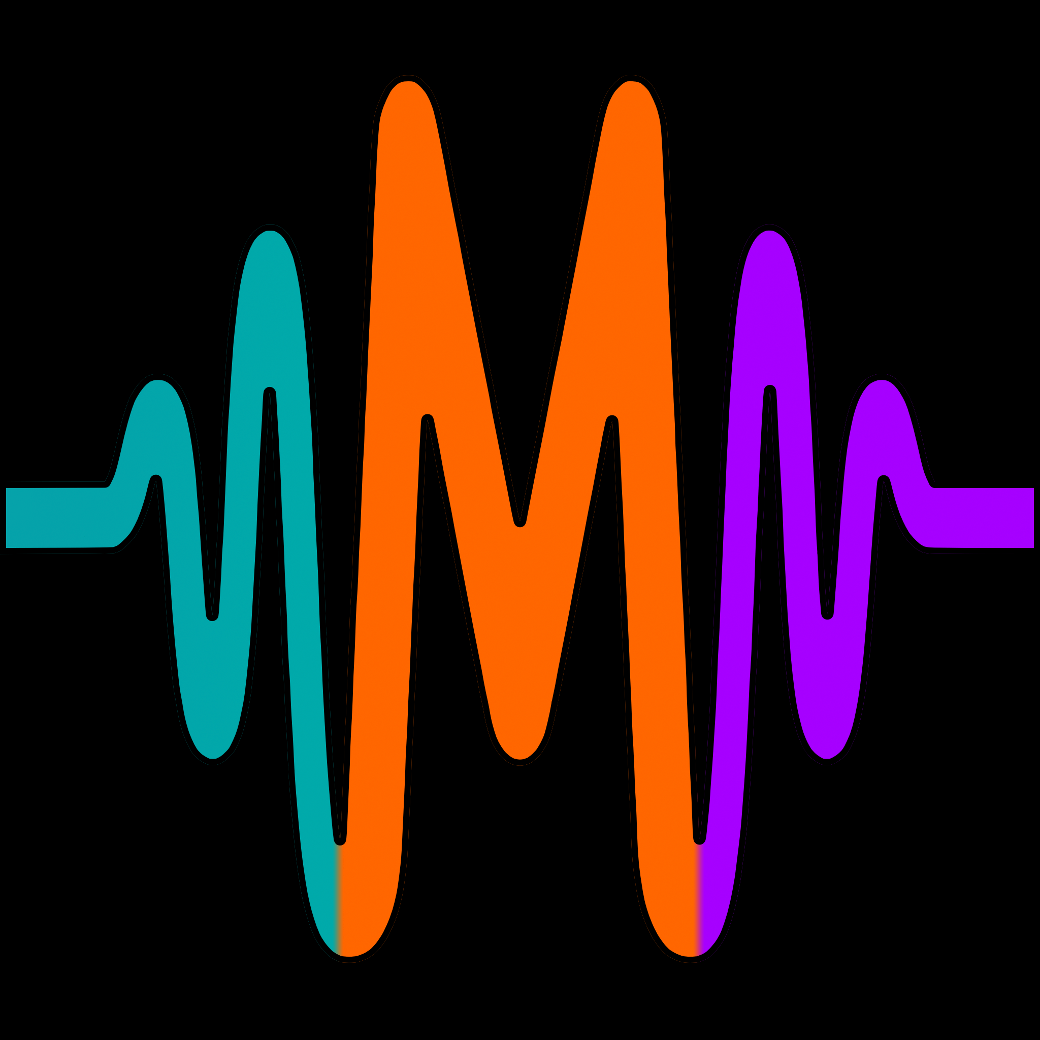 MonsterPlex Logo - a continuous sound wave with an orange M between cyan and purple waves